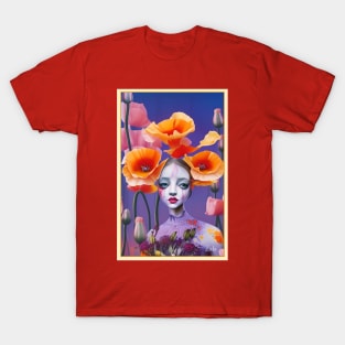 Floral art deco poppy flower painting of a girl in the Pop Surrealism style T-Shirt